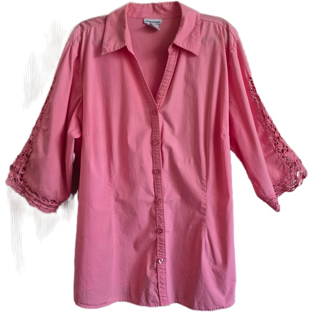 Chelsea Studio Women's Blouse Size 2X Pink Button-Up Lace Eyelet 3/4 Sleeve